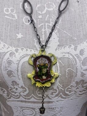 Handcrafted Mixed Media Frog Crown Pendant Necklace - Women's Jewelry
